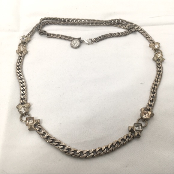 Vintage J.G., Long Silver Cuban Link Necklace With Crystals - Picture 1 of 7